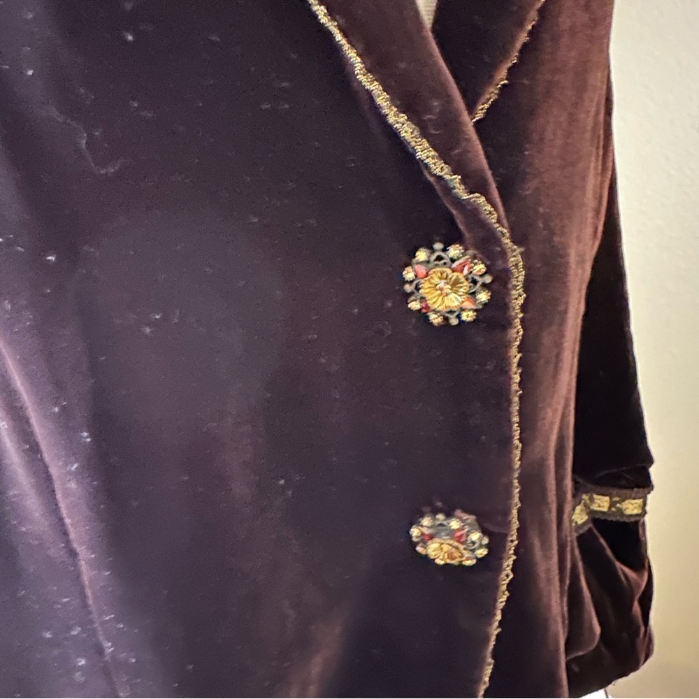 E by ECI Vintage Y2K Brown Velvet Blazer Jacket Silk Blend Jeweled Buttons Large - Picture 4 of 10